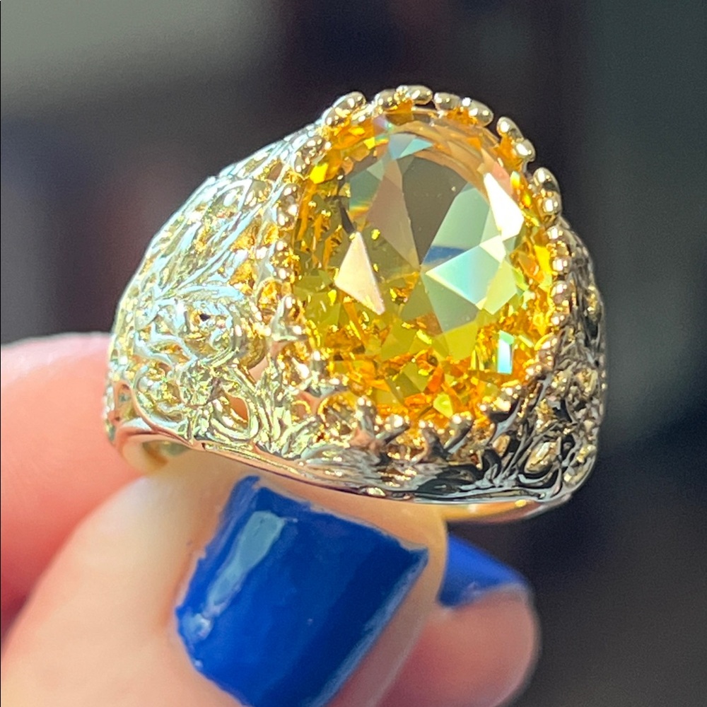 VTG Art Nouveau Style 14k Gold Plated Faux Citrine Filigree Signet Cocktail Ring